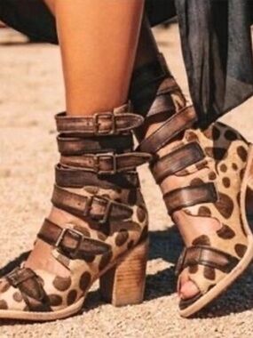 Leopard Print Strappy Block Heel Booties - Brown